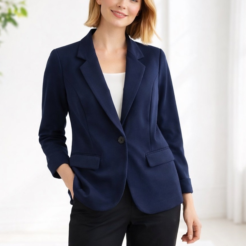 Catherine Malandrino Navy Stretch Blazer Jacket Size L 3/4 Sleeve Career